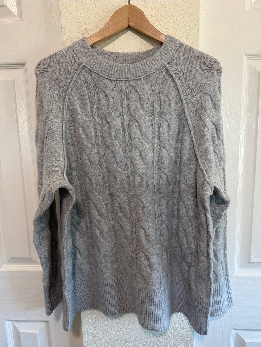 aerie Light Gray Cable Knit Crewneck Sweater